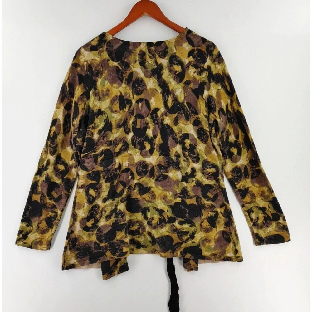 Womens XL Cardigan Tie Front Mustard Black Animal‎ Print Soft Eclectic Artsy